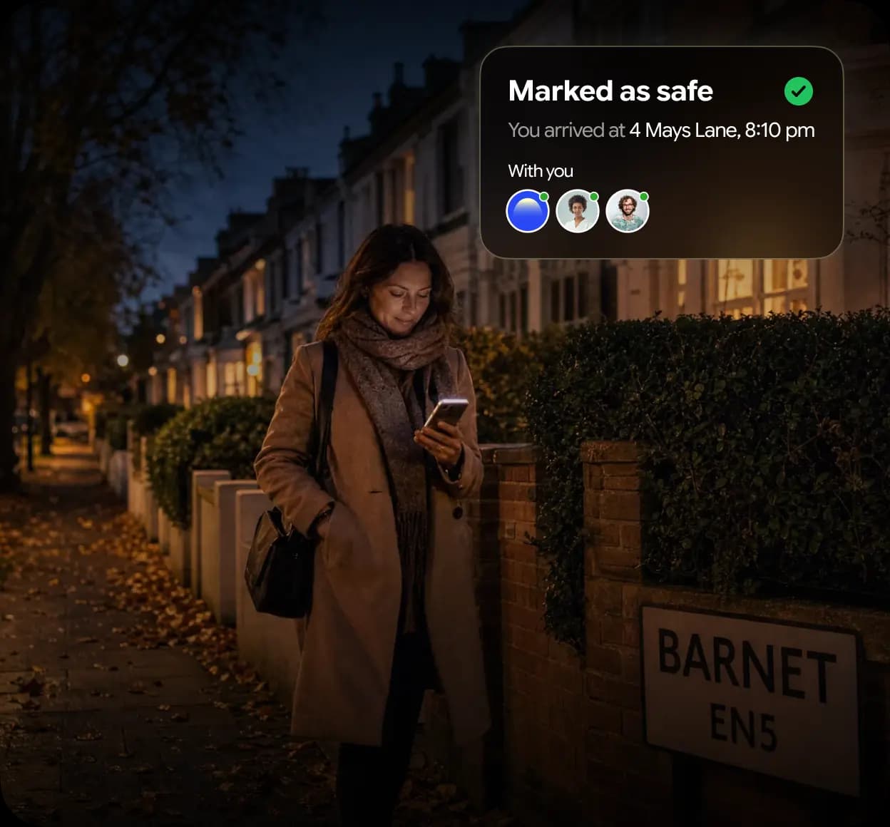 Someone sharing their walk home in Glome, marked safe on arrival while trusted contacts follow along